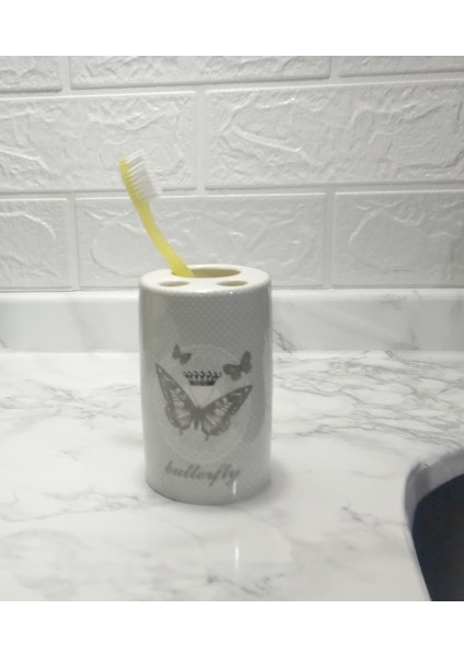 2 Adet Seramik Diş Fırçalık Kelebek Desenli 7X7X11CM Banyo Seti fiyatları