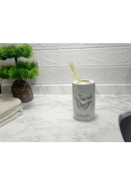 2 Adet Seramik Diş Fırçalık Kelebek Desenli 7X7X11CM Banyo Seti fırsatları