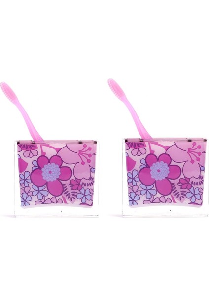 2 Adet Diş Fırçalık Pembe Çiçekli Akrilik 10X10X3CM Banyo Seti