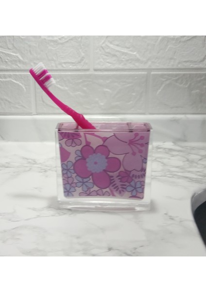 2 Adet Diş Fırçalık Pembe Çiçekli Akrilik 10X10X3CM Banyo Seti fiyatları