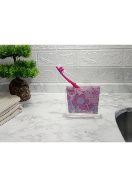 2 Adet Diş Fırçalık Pembe Çiçekli Akrilik 10X10X3CM Banyo Seti indirimleri