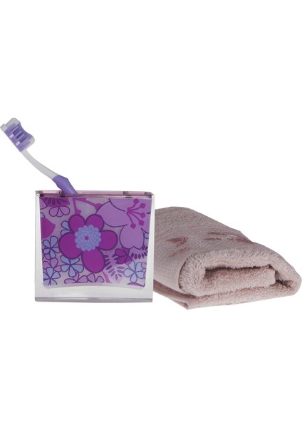 2 Adet Diş Fırçalık Pembe Çiçekli Akrilik 10X10X3CM Banyo Seti