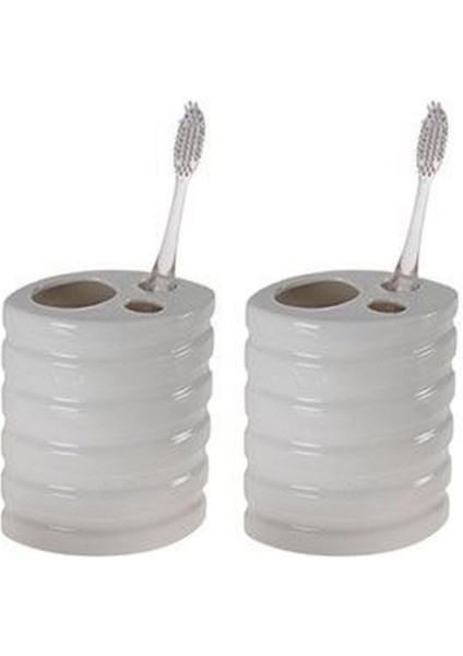 2 Adet Seramik Diş Fırçalık Oval Çizgili Model 9X6X11CM Banyo Seti
