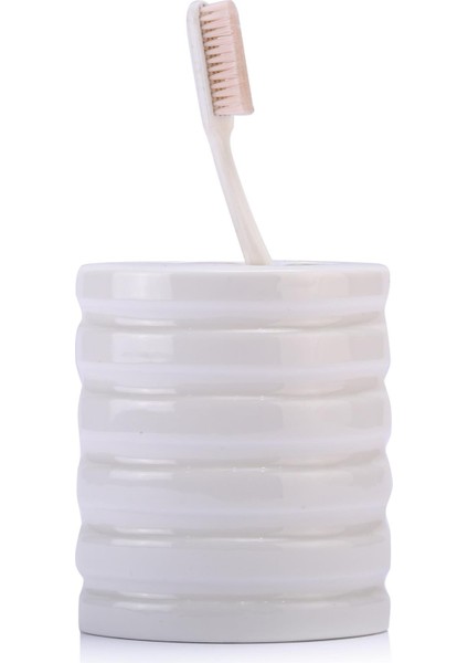 2 Adet Seramik Diş Fırçalık Oval Çizgili Model 9X6X11CM Banyo Seti