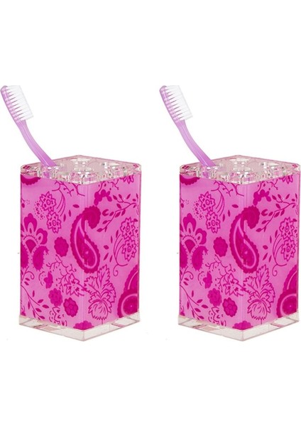 2 Adet Diş Fırçalık Pembe Çiçekli Akrilik 6X6X12CM Banyo Seti