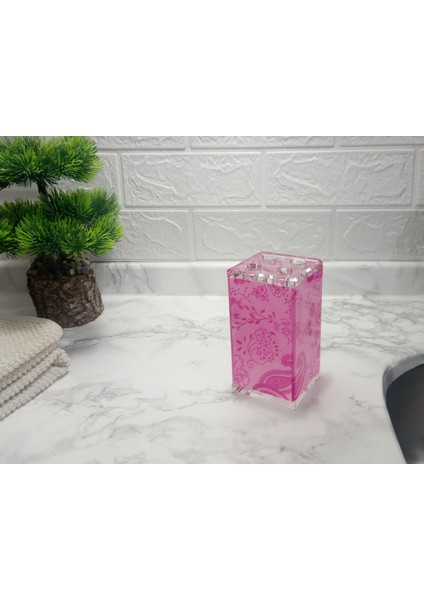 2 Adet Diş Fırçalık Pembe Çiçekli Akrilik 6X6X12CM Banyo Seti fırsatları