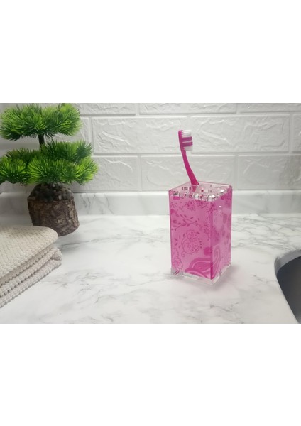 2 Adet Diş Fırçalık Pembe Çiçekli Akrilik 6X6X12CM Banyo Seti indirimleri