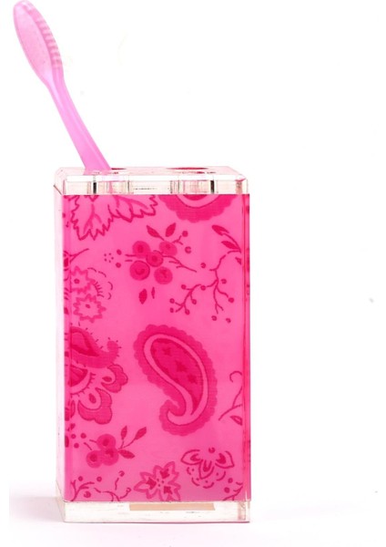 2 Adet Diş Fırçalık Pembe Çiçekli Akrilik 6X6X12CM Banyo Seti