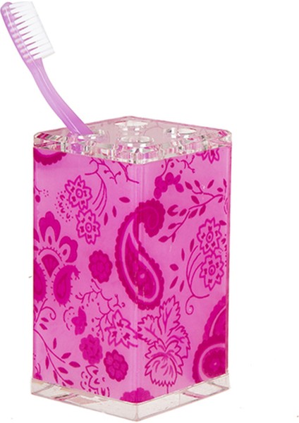 2 Adet Diş Fırçalık Pembe Çiçekli Akrilik 6X6X12CM Banyo Seti