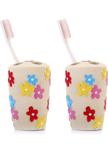 2 Adet Diş Fırçalık Renkli Papatyalı Poliresin 5X5X11CM Banyo Seti