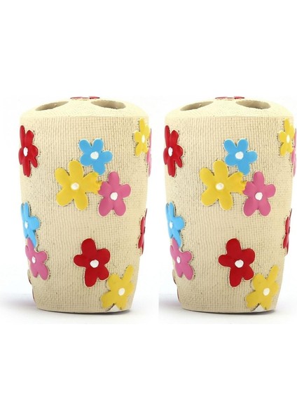 2 Adet Diş Fırçalık Renkli Papatyalı Poliresin 5X5X11CM Banyo Seti modelleri