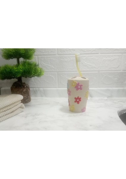 2 Adet Diş Fırçalık Renkli Papatyalı Poliresin 5X5X11CM Banyo Seti fırsatları