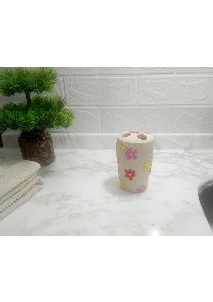 2 Adet Diş Fırçalık Renkli Papatyalı Poliresin 5X5X11CM Banyo Seti