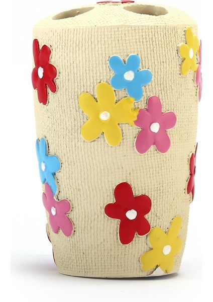 2 Adet Diş Fırçalık Renkli Papatyalı Poliresin 5X5X11CM Banyo Seti