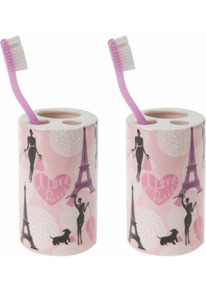 2 Adet Seramik Diş Fırçalık Kızlı Paris Desenli 7X7X11CM Banyo Seti