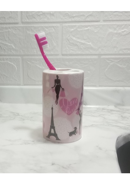 2 Adet Seramik Diş Fırçalık Kızlı Paris Desenli 7X7X11CM Banyo Seti fiyatları