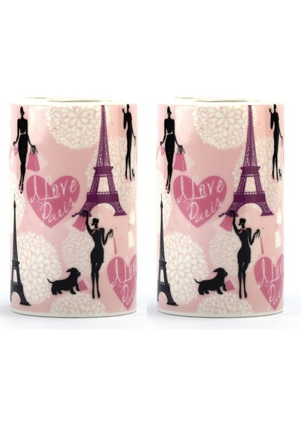 2 Adet Seramik Diş Fırçalık Kızlı Paris Desenli 7X7X11CM Banyo Seti modelleri