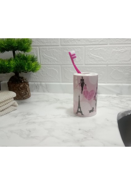 2 Adet Seramik Diş Fırçalık Kızlı Paris Desenli 7X7X11CM Banyo Seti indirimleri