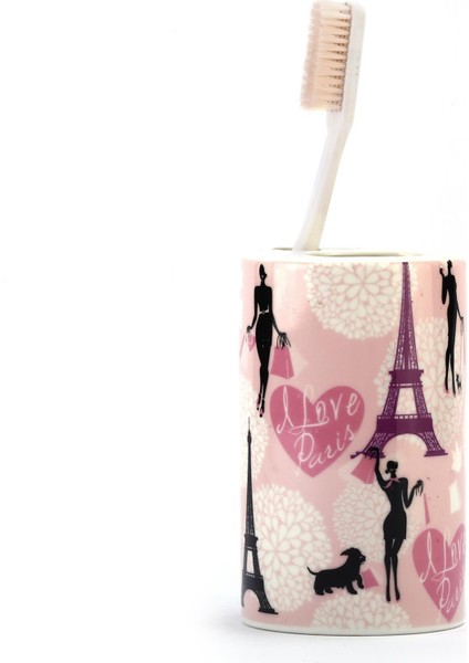 2 Adet Seramik Diş Fırçalık Kızlı Paris Desenli 7X7X11CM Banyo Seti