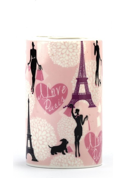 2 Adet Seramik Diş Fırçalık Kızlı Paris Desenli 7X7X11CM Banyo Seti