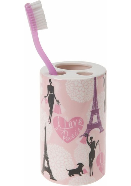 2 Adet Seramik Diş Fırçalık Kızlı Paris Desenli 7X7X11CM Banyo Seti