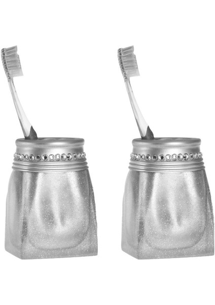2 Adet Diş Fırçalık Kristal Taşlı Gümüş Poliresin 7X7X10CM Banyo Seti