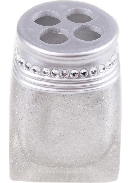 2 Adet Diş Fırçalık Kristal Taşlı Gümüş Poliresin 7X7X10CM Banyo Seti