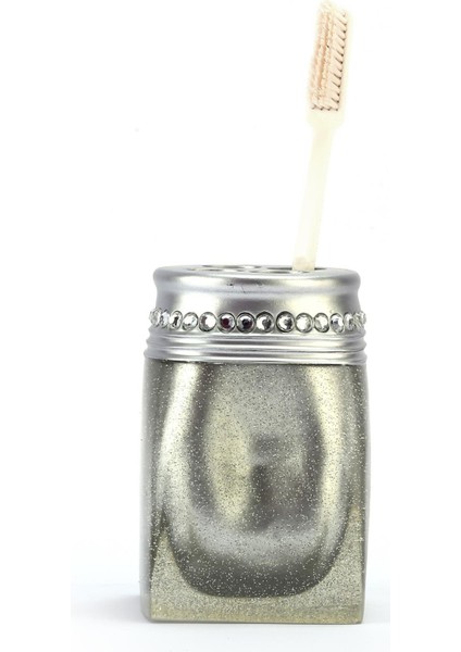 2 Adet Diş Fırçalık Kristal Taşlı Gümüş Poliresin 7X7X10CM Banyo Seti