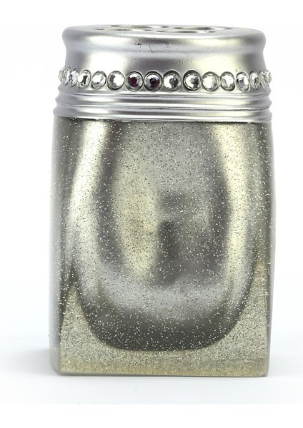 2 Adet Diş Fırçalık Kristal Taşlı Gümüş Poliresin 7X7X10CM Banyo Seti