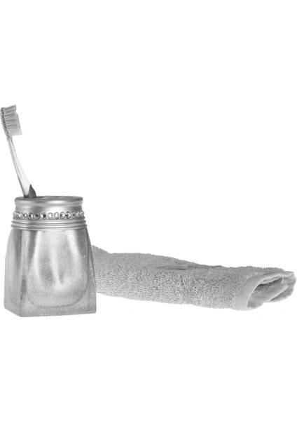 2 Adet Diş Fırçalık Kristal Taşlı Gümüş Poliresin 7X7X10CM Banyo Seti