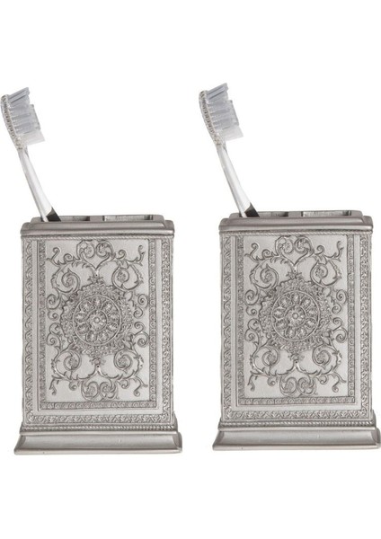 2 Adet Diş Fırçalık Dekoratif Işlemeli Gümüş Poliresin 8X6X11CM