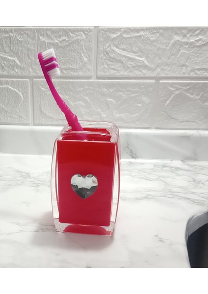 2 Adet Diş Fırçalık Kristal Taşlı Kırmızı Kalpli Akrilik 6X6X11CM Banyo Seti fiyatları