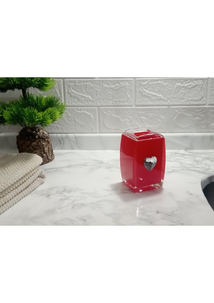 2 Adet Diş Fırçalık Kristal Taşlı Kırmızı Kalpli Akrilik 6X6X11CM Banyo Seti fırsatları