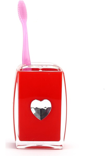 2 Adet Diş Fırçalık Kristal Taşlı Kırmızı Kalpli Akrilik 6X6X11CM Banyo Seti