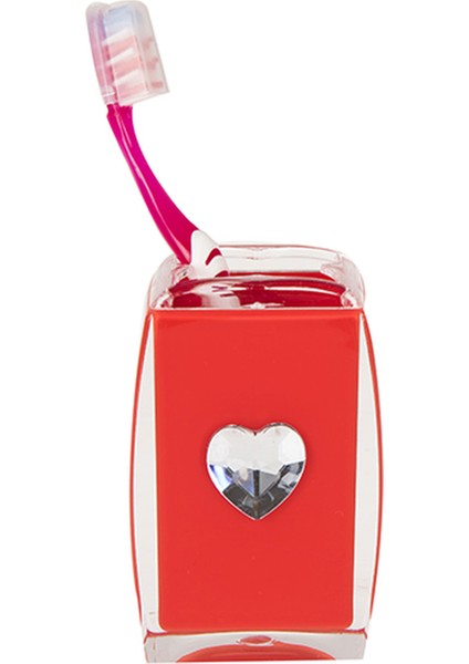 2 Adet Diş Fırçalık Kristal Taşlı Kırmızı Kalpli Akrilik 6X6X11CM Banyo Seti
