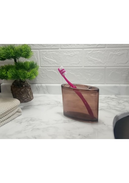2 Adet Diş Fırçalık Oval Kahverengi Akrilik 13X5X10CM Banyo Seti