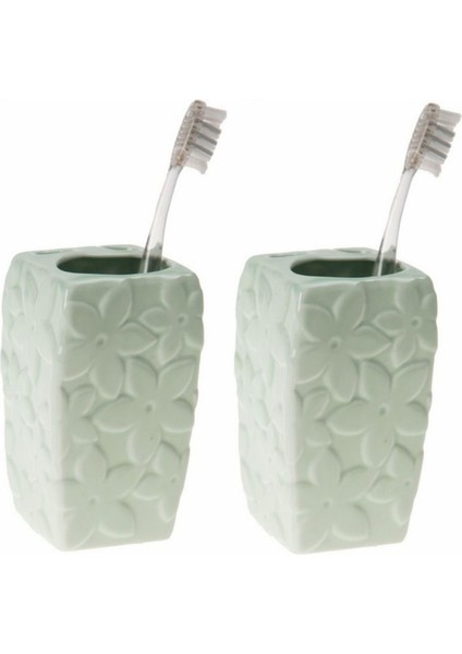 2 Adet Seramik Diş Fırçalık Çiçekli Su Yeşili 7X7X12CM Banyo Seti