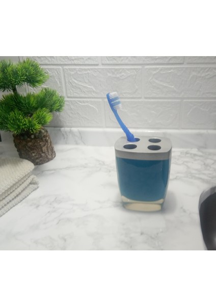 2 Adet Diş Fırçalık Gri Mavi Poliresin 8X4X11CM Banyo Seti fırsatları