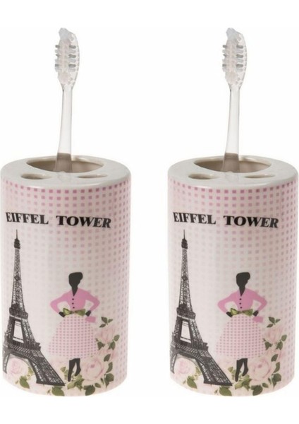 2 Adet Seramik Diş Fırçalık Eyfel Kulesi Model 7X7X11CM Banyo Seti