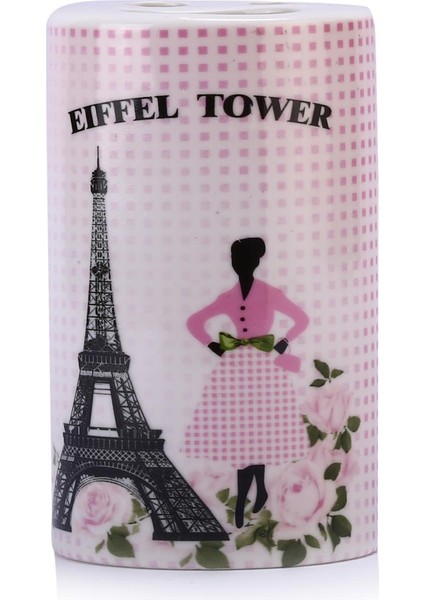 2 Adet Seramik Diş Fırçalık Eyfel Kulesi Model 7X7X11CM Banyo Seti