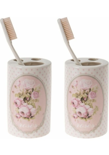 2 Adet Seramik Diş Fırçalık Bahar Desenli 7X7X11CM Banyo Seti