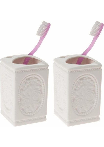 2 Adet Seramik Diş Fırçalık Çiçekli Kare Model 8X8X11CM Banyo Seti