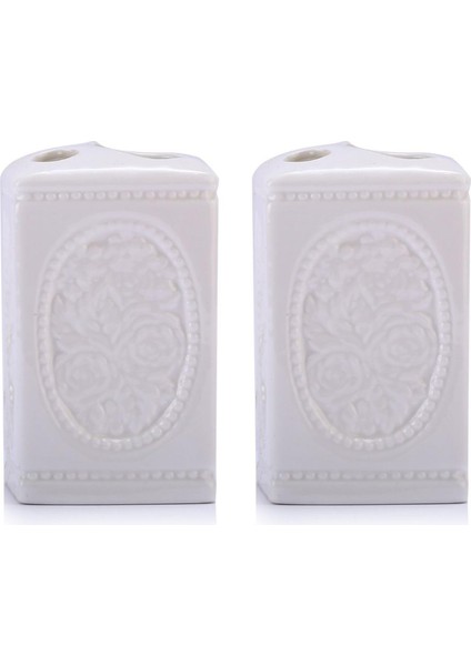 2 Adet Seramik Diş Fırçalık Çiçekli Kare Model 8X8X11CM Banyo Seti modelleri