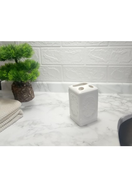 2 Adet Seramik Diş Fırçalık Çiçekli Kare Model 8X8X11CM Banyo Seti fırsatları