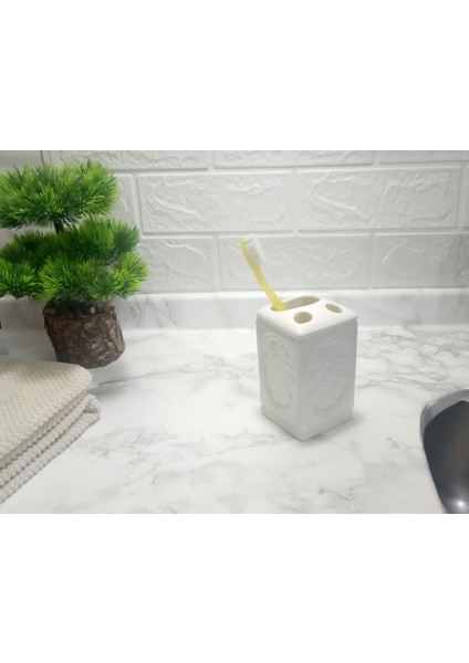 2 Adet Seramik Diş Fırçalık Çiçekli Kare Model 8X8X11CM Banyo Seti indirimleri