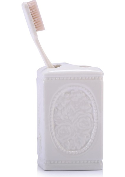 2 Adet Seramik Diş Fırçalık Çiçekli Kare Model 8X8X11CM Banyo Seti