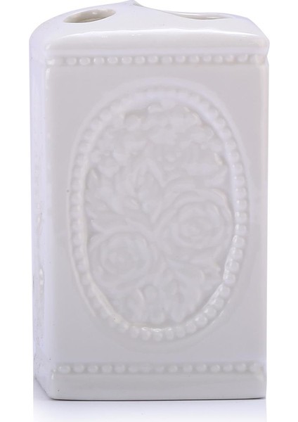 2 Adet Seramik Diş Fırçalık Çiçekli Kare Model 8X8X11CM Banyo Seti