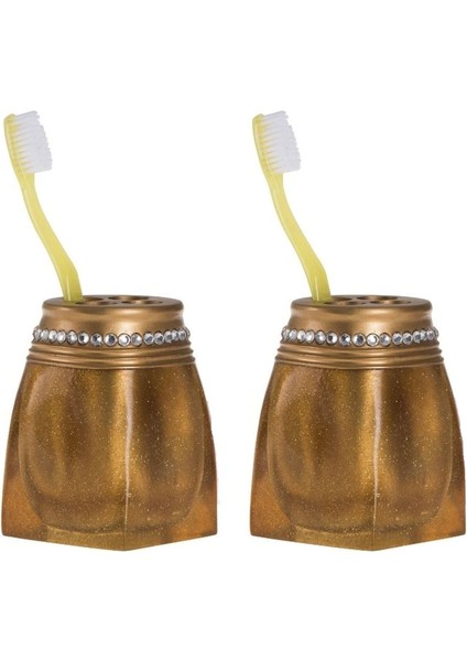 2 Adet Diş Fırçalık Taşlı Altın Poliresin 7X7X10CM Banyo Seti