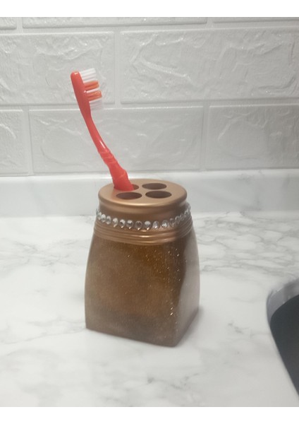 2 Adet Diş Fırçalık Taşlı Altın Poliresin 7X7X10CM Banyo Seti fiyatları