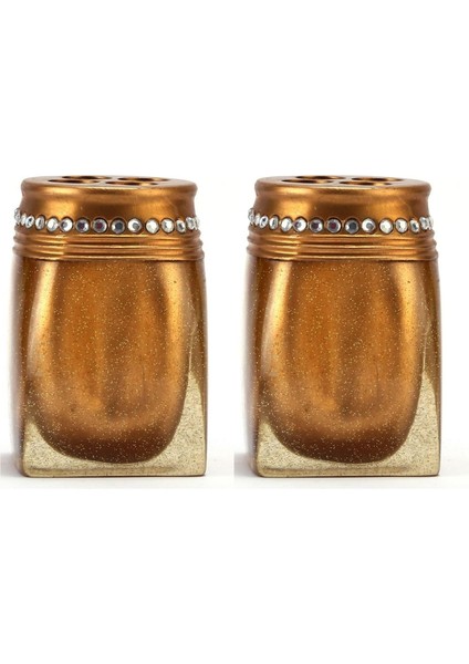2 Adet Diş Fırçalık Taşlı Altın Poliresin 7X7X10CM Banyo Seti modelleri